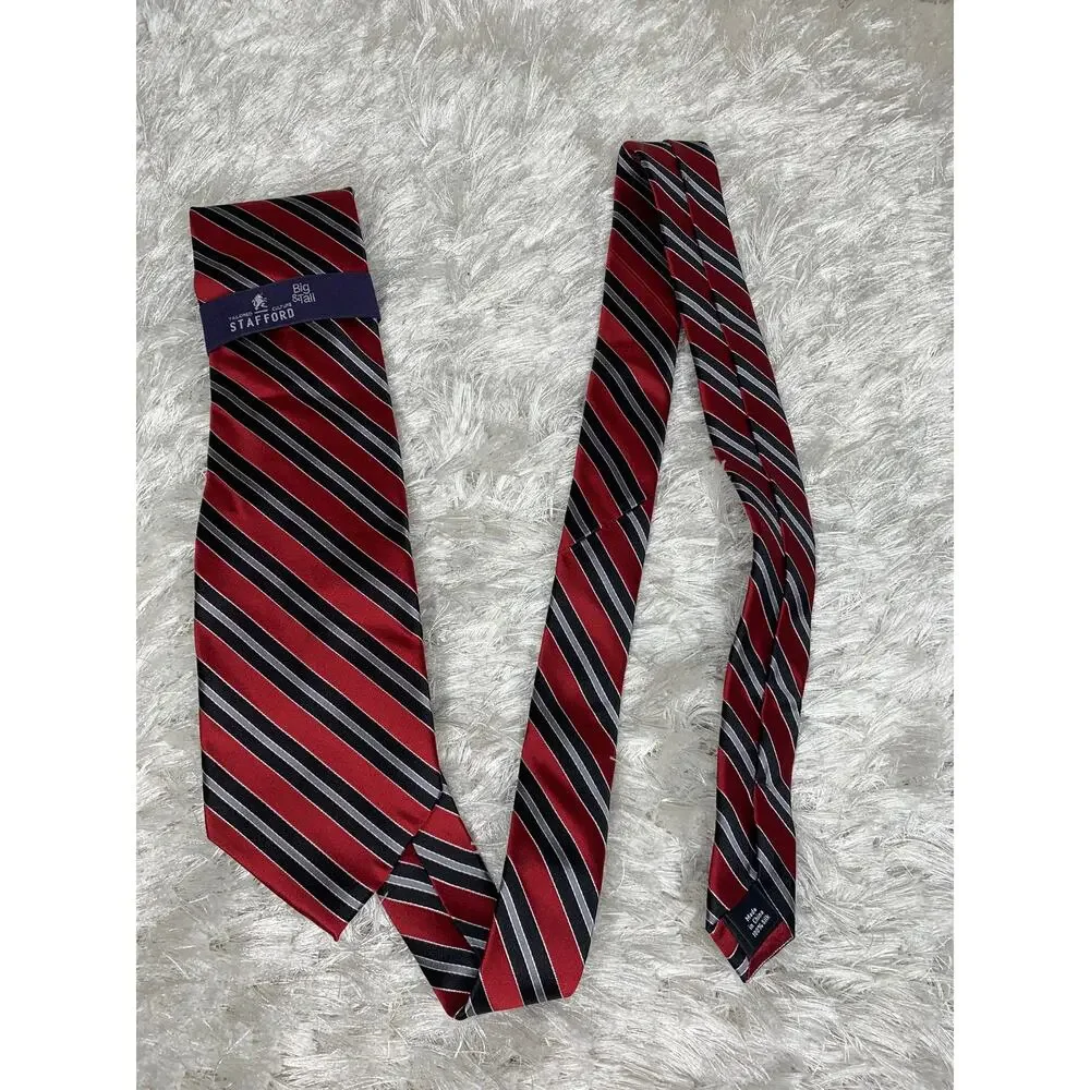 NWT Stafford Big & Tall Silk Red Blue Gray Stripe Neck Tie  100% Silk XL Tall